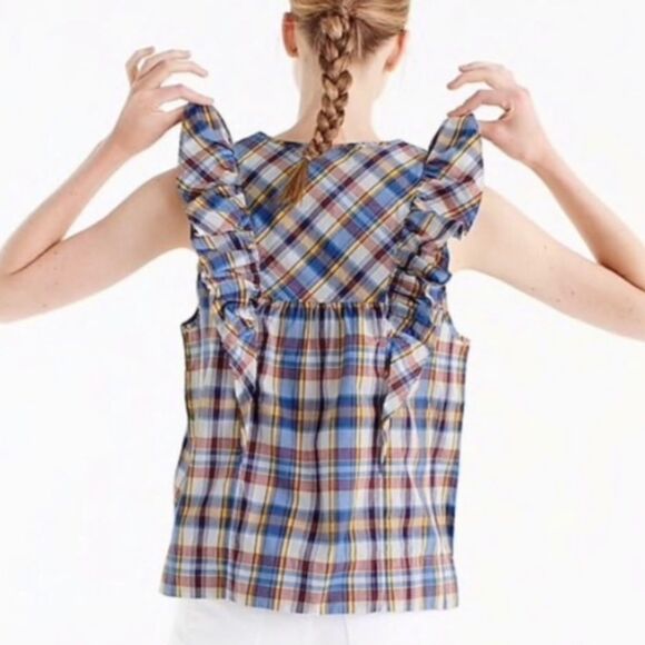 J. CREW Ruffle sleeveless summer top vintage plaid SZ 00 - Picture 3 of 8